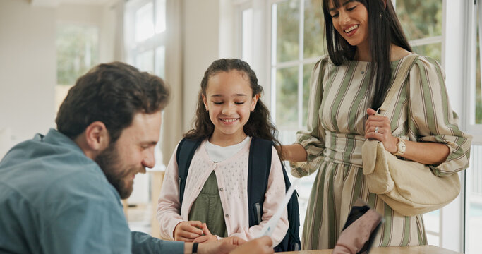 Happy child, parents and report card for education results, exam pass or test success. Mom, dad and girl with good grades in family home, pride and reading paper for academic performance achievement