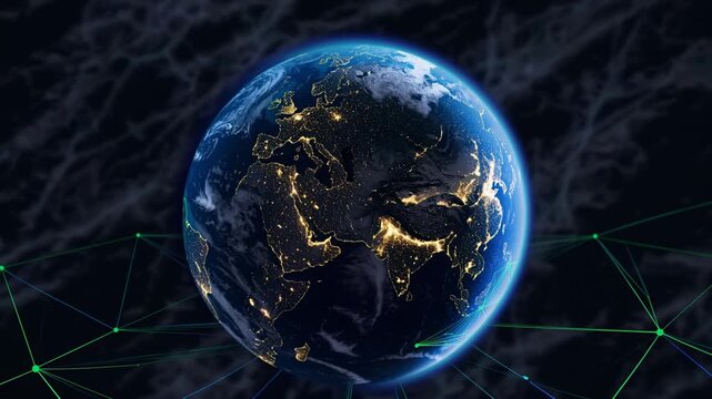 Spinning globe shows global network connection with illuminated citylight, green digital map lines linking continent and satellite data nodes, technology visualization of earth and data flow - Powered by Adobe