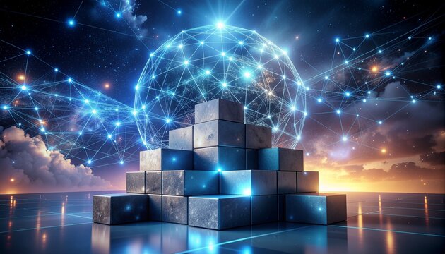 Futuristic network sphere on a digital stage, technology innovation concept, blockchain data visualization, modern data science, global network connection