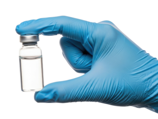 Hand in blue glove holding a medical vial transparent background cutout png