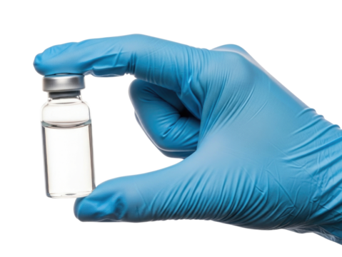 Hand in blue glove holding a medical vial transparent background cutout png