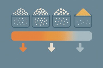 An abstract illustration of various granulated materials in clear containers demonstrating weight classification with a highlighted orange bar representing grading levels into distinct categories