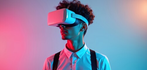 Young man wears virtual reality headset in neon lights. Person immersed in digital world, exploring cyberspace. Future tech entertainment. Gaming adventure.