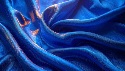Royal Blue Fabric in Motion: A close-up shot captures the flowing elegance of deep blue fabric as it drapes and swirls, showcasing texture, color, and movement in a display of artistic expression.