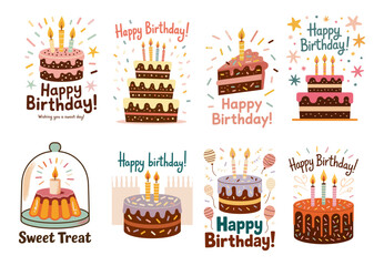 Collection of colorful birthday cake illustrations with candles, sprinkles, and “Happy Birthday!” text in multiple styles. Modern cartoon vector set with pastel decorations on a white background.