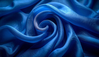 Luxurious Silk Swirl: Intricately draped, the rich blue silk fabric spirals into a mesmerizing display, its soft texture and vibrant color inviting touch and contemplation.