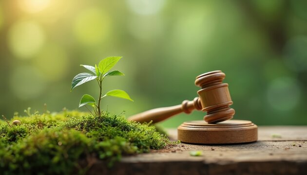 Judge gavel with green plant on moss. Environmental law, sustainability concept. Eco friendly justice, nature conservation. Green policy, climate change. Law, ecology relationship. Sustainable