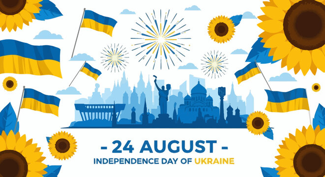 Ukraine Independence Day Celebration with Sunflowers and Fireworks.