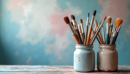 Collection of art brushes in jars with colorful background. Tools for painting and drawing stand on wooden table. Various sizes and shapes for creative work.