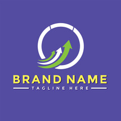 Brand name logo with upward trending arrows and tagline on a purple background, representing growth and success