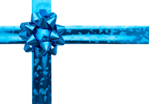 Detailed blue gift ribbon and bow design element on transparent background