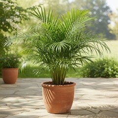 Green tropical palm plant in terracotta pot on sunny outdoor patio