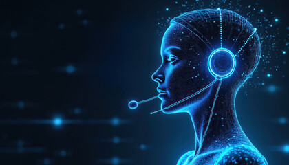 Abstract digital woman with glowing blue neon lines, profile view. Wears headset with microphone, suggesting AI customer service, virtual assistant, future global communication. Futuristic concept of