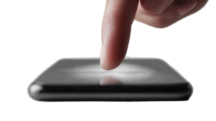 Finger touching a smartphone screen showing a fingerprint scanner for secure authentication access