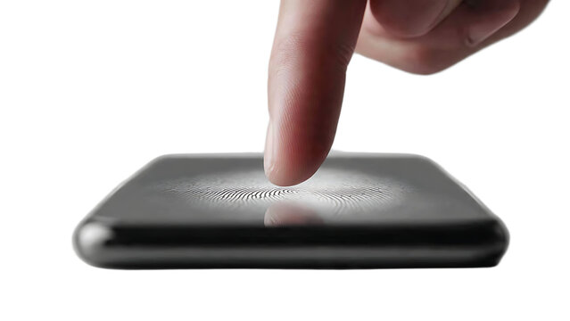 Finger touching a smartphone screen showing a fingerprint scanner for secure authentication access