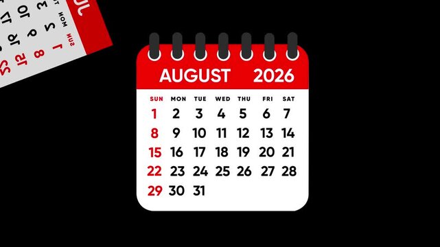 Calendar animation showing January 2026 isolated on black background