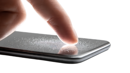 Finger touching a smartphone screen leaving a fingerprint on the device surface clearly visible