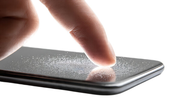 Finger touching a smartphone screen leaving a fingerprint on the device surface clearly visible