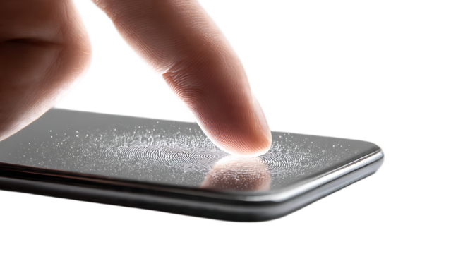 Finger touching a smartphone screen leaving a fingerprint on the device surface clearly visible