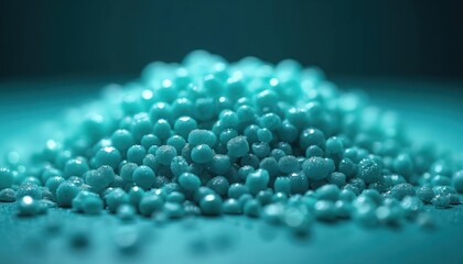 Close up photo of turquoise polymer granules. Tiny plastic pellets are used in plastic production. Material looks like small beads. Industrial background showcases chemistry and tech.