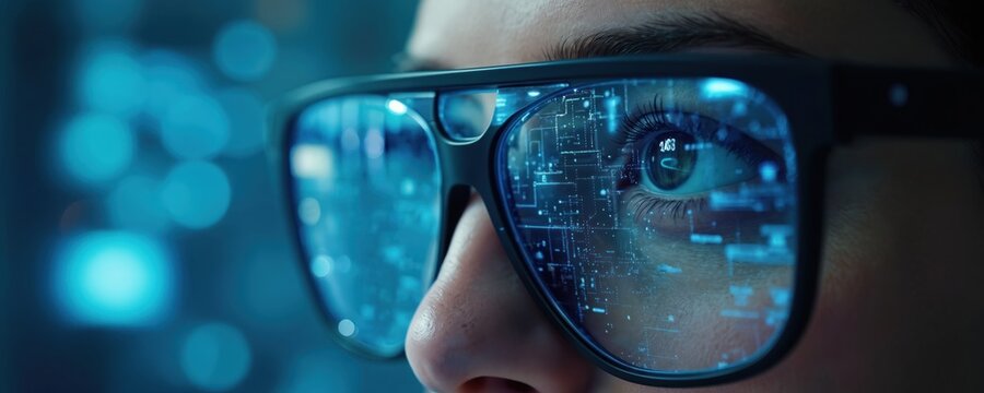 Person wears smart glasses displaying digital data on lenses. Futuristic eyewear provides visual information overlay for augmented reality experience. Future tech for data analysis and interaction. - Powered by Adobe