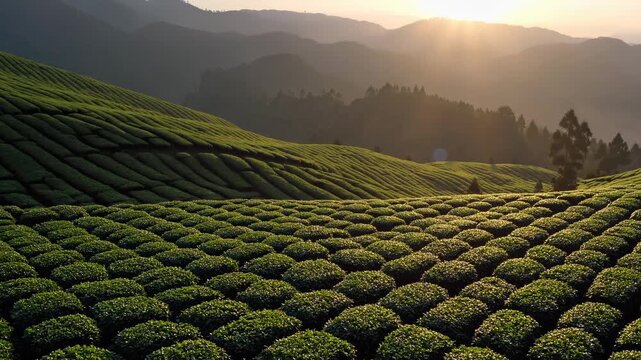 Rolling tea plantation at sunrise. Sun casts light over terrace row and green crop. Hill forms layered landscape with distant mist. Agriculture farm scene showing cultivation and rural growth beauty.