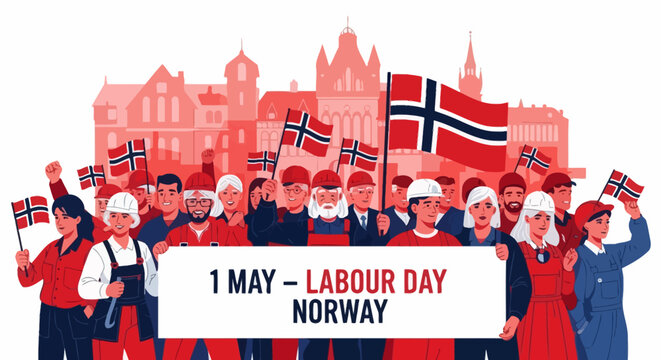 A large crowd of Norwegian workers celebrating Labour Day on May 1st with flags.
