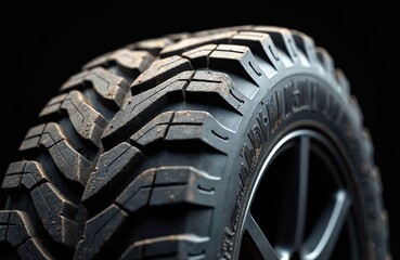 Off road tire close up shows deep tread pattern on rugged wheel rim. Mud clings to deep grooves for maximum grip on rough terrain. Vehicle part for adventure driving.