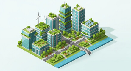Isometric green city with sustainable architecture and renewable energy for eco friendly urban planning design