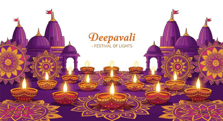 Deepavali festival of lights celebration with many glowing diya lamps.