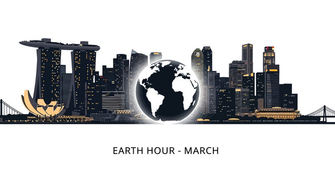 Earth Hour cityscape with globe symbolizing environmental awareness and sustainability.