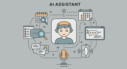 Ai assistant concept with diverse digital tools in linear style