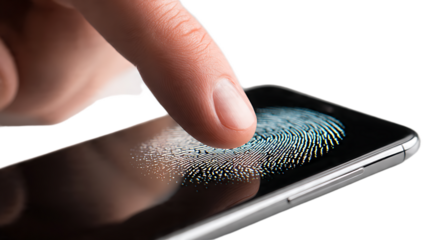 A finger touching a smartphone screen displaying a fingerprint scan for identification purposes