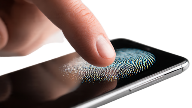 A finger touching a smartphone screen displaying a fingerprint scan for identification purposes