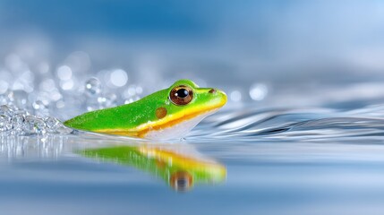 Close Up Macro Shot Of A Vibrant Green Frog Emerging From Calm Blue Water With Ripples And Reflections In A Bright Outdoor Setting
