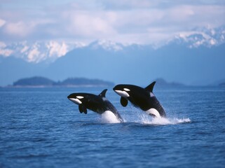Fototapeta premium Two killer whales breaching, distant mountains