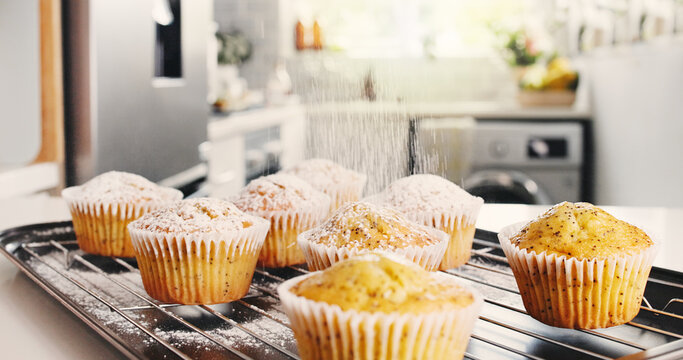 Muffin, recipe and sprinkle with powder in kitchen for sweet treat, homemade snack and preparation. Dessert, poppyseed cupcake and dust with sugar in home for topping, baked goods and breakfast food. - Powered by Adobe