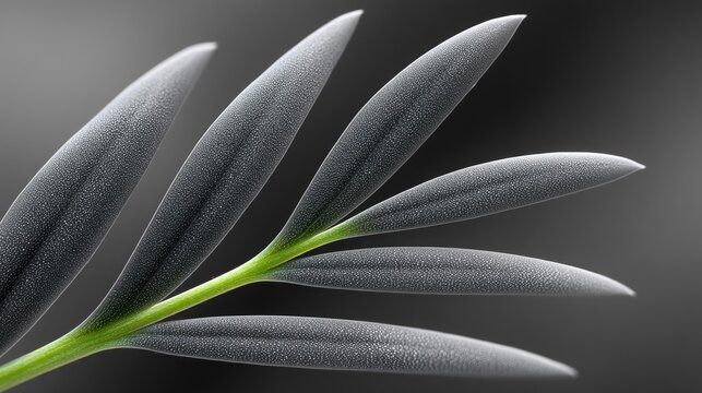 Close up macro view of a black and white palm frond with green stem covered in tiny white dots against a blurred gray background - Powered by Adobe