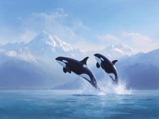 Orcas leaping in ocean