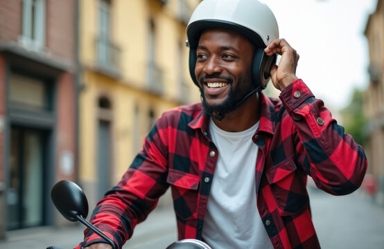 Young Black man wears a white helmet and red plaid shirt. He smiles broadly, riding his scooter through a vibrant city street. Happy guy enjoys modern urban transport, youth lifestyle.