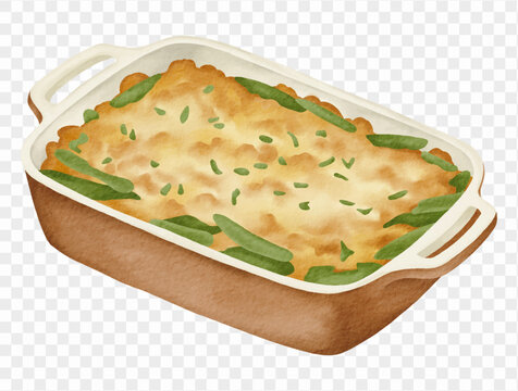 Watercolor green bean casserole illustration for Thanksgiving comfort food. Vector.