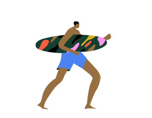 Man walking with surfboard in hands. Active tanned guy surfer going and holding surf board on summer holidays. Flat vector illustration isolated on white background.