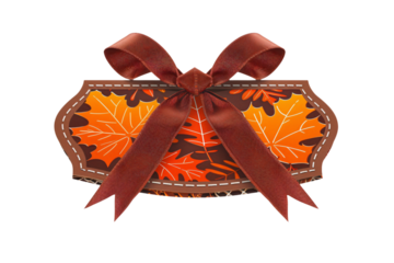autumn gift box with maple leaves and red bow, thanksgiving present fall season concept