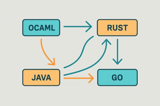 Exploring programming languages with OCaml Java Rust and Go in a vibrant landscape of modern software development methodologies captured with clarity