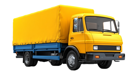 Bright yellow cargo truck with blue chassis ready for logistics and delivery services isolated on transparent background
