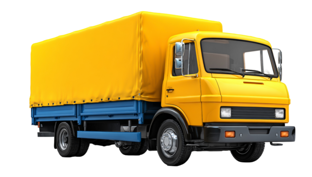 Bright yellow cargo truck with blue chassis ready for logistics and delivery services isolated on transparent background