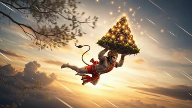 Stunning mythological figure soaring through the sky carrying a glowing mountain against a vibrant sunset, dynamic video