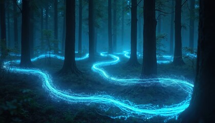 Naklejka premium Glowing blue light streams wind through dark forest at night. Ethereal energy flows over ground, illuminating trees, creating mystical path. Nature scene with surreal atmosphere, peaceful yet