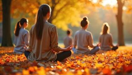 Group of women meditate in outdoor park. Sit on colorful autumn leaves during golden sunset light. People practice yoga, find peace, wellness in nature, enjoying quiet moment for mental health,