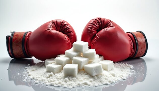 Red boxing gloves confront heap of white sugar cubes, powder. Photo global hard battle against excessive sweet food intake. Represents strong challenge for truly healthy lifestyle, diet control.